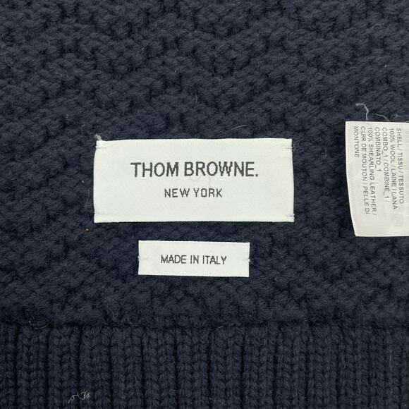 Thom Browne Shearling Trimmed Knit Wool Scarf Navy Blue Men 85" - Picture 8 of 9